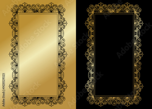 Classic ornate vector frames with intricate floral borders on black and gold background, frame in two versions