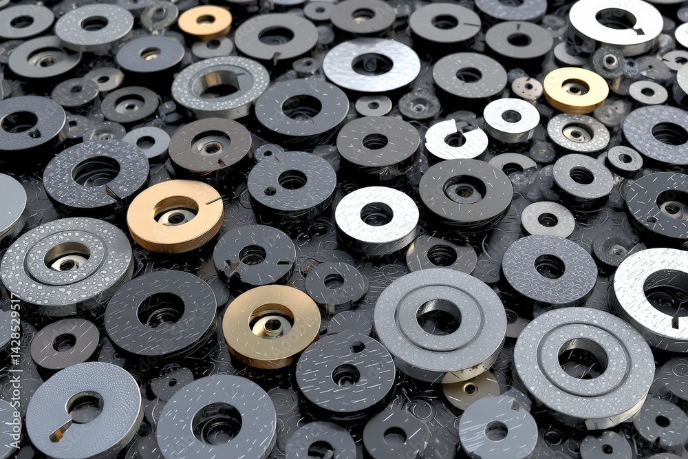 Diverse Collection of Circular Metal Washers on Dark Surface