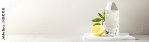 Obraz na płótnie Rejuvenation Through Detox and Nutrient-Rich Wellness Choices, A glass pitcher with lemon and mint on a white surface against a light background. w salonie