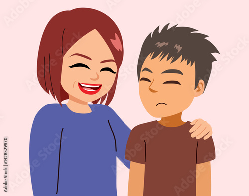 Cartoon illustration of a teenage boy listening to his mother’s advice in a caring family environment. Parenting, guidance, and emotional support in adolescence concept