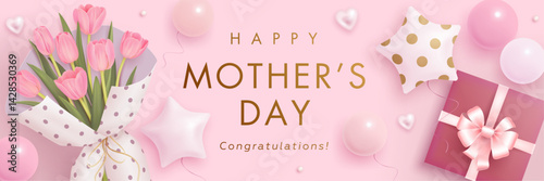 Mother's day poster, banner, greeting card design template with realistic 3d tulips, gift box and helium balloons on pink background. Landing page, wallpaper, billboard, flyer. Vector illustration