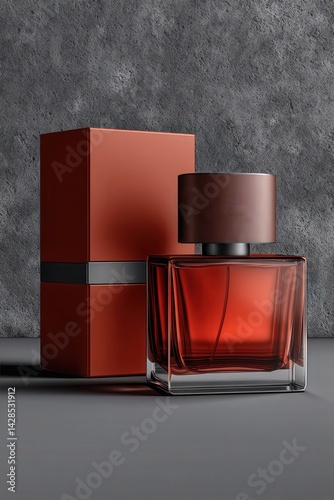 Obraz na płótnie Elegant Amber Perfume Bottle with Stylish Packaging Against Gray Wall w salonie