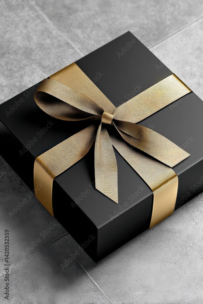 Elegant Black Gift Box with Gold Ribbon on Gray Background