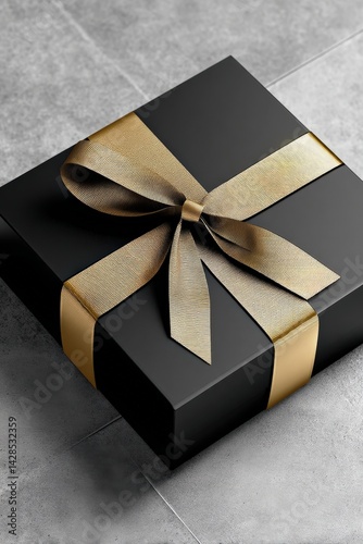 Obraz na płótnie Elegant Black Gift Box with Gold Ribbon on Gray Background w salonie