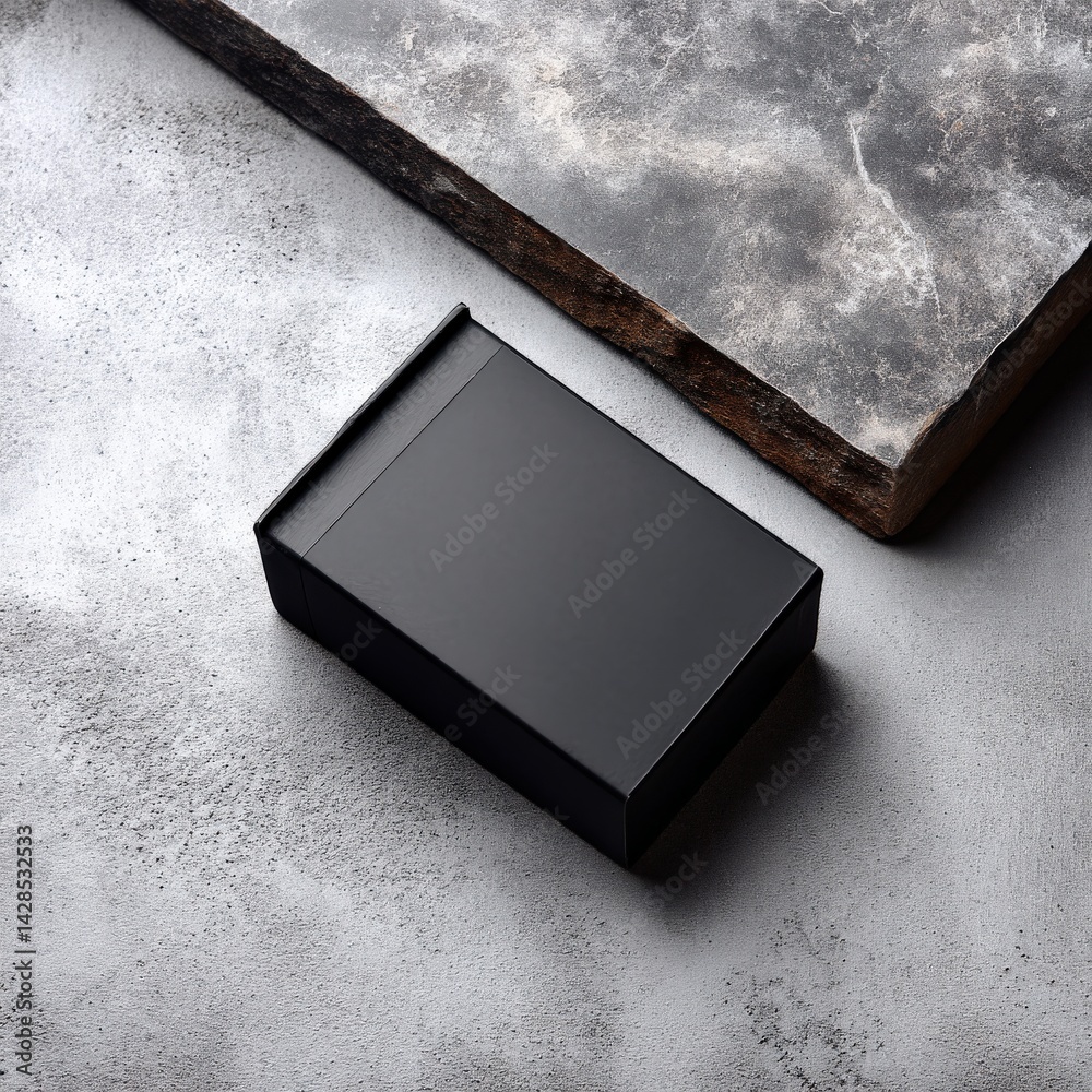 Elegant Black Packaging Box on a Textured Stone Surface for Display