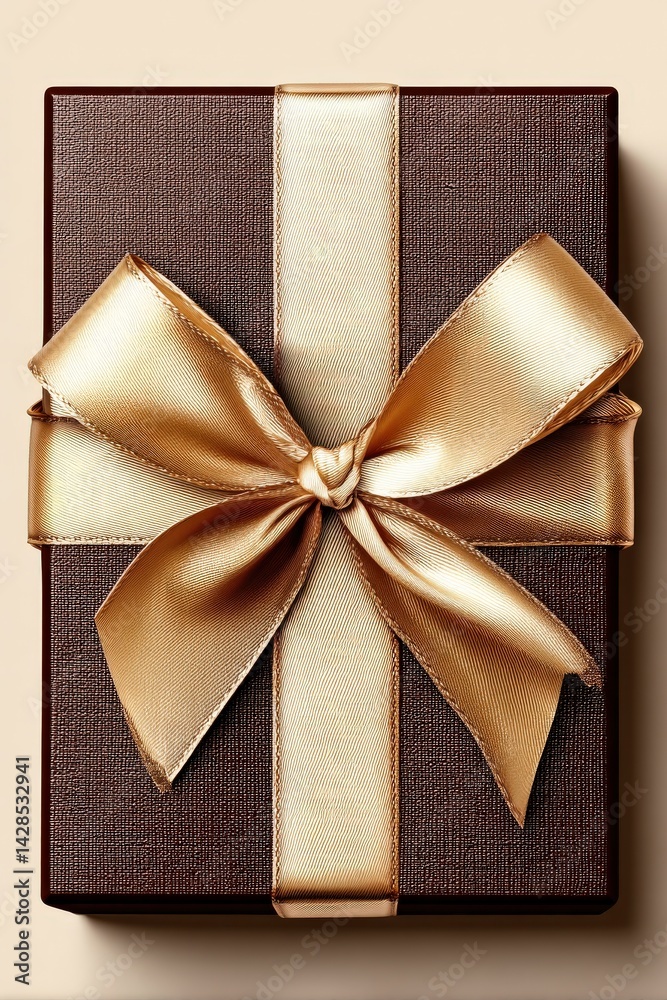 Elegant Brown Gift Box with Gold Ribbon and Bow on Neutral Background