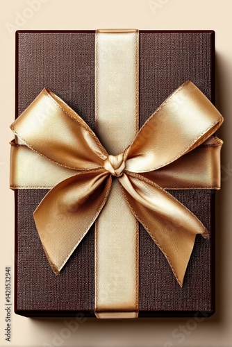 Obraz na płótnie Elegant Brown Gift Box with Gold Ribbon and Bow on Neutral Background w salonie
