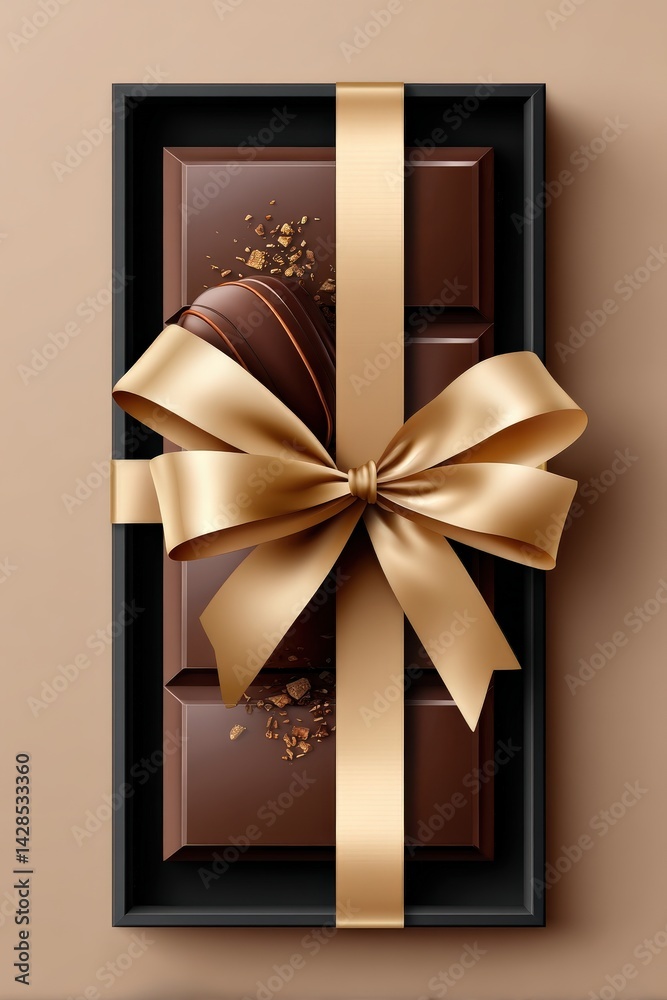 Elegant Chocolate Gift Box with Gold Ribbon and Brown Background