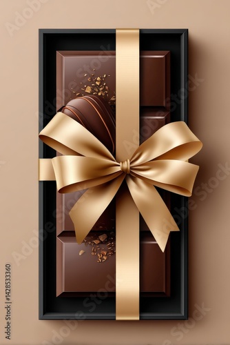 Obraz na płótnie Elegant Chocolate Gift Box with Gold Ribbon and Brown Background w salonie