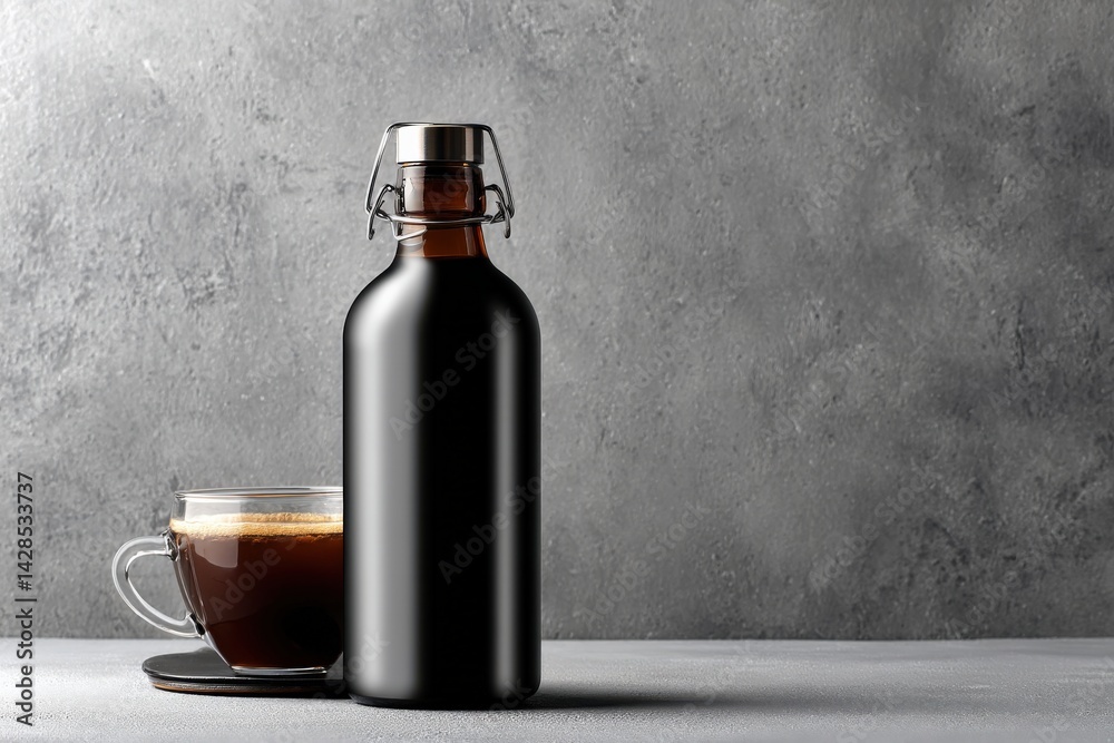 Elegant Coffee Bottle and Glass Cup on Dark Gray Background