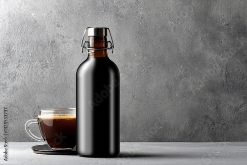Obraz na płótnie Elegant Coffee Bottle and Glass Cup on Dark Gray Background w salonie