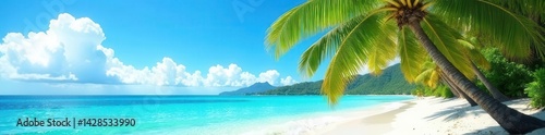 Lush Hawaiian palm trees bend over white sand beach, exotic, vacation destination, beach