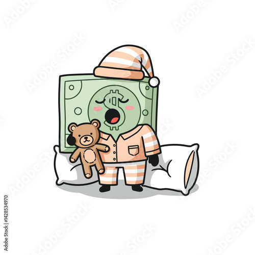 Sleeping dollar bill character in striped pajamas holding teddy bear and pillow vector illustration 