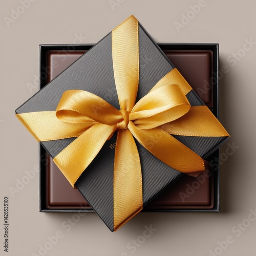 Obraz na płótnie Elegant Gift Box with Yellow Ribbon on Neutral Background w salonie