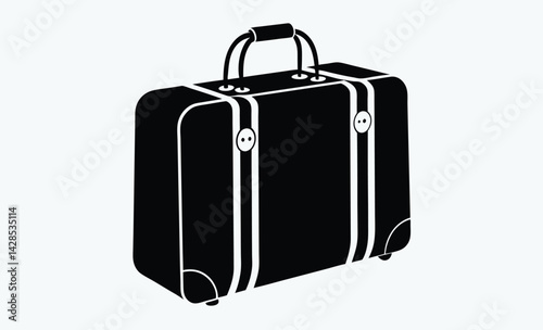 Vintage travel bag silhouette, A black and white line art drawing of a vintage canvas travel bag with leather trim