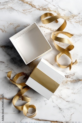 Obraz na płótnie Elegant Gift Boxes with Gold Ribbons on Marble Background w salonie