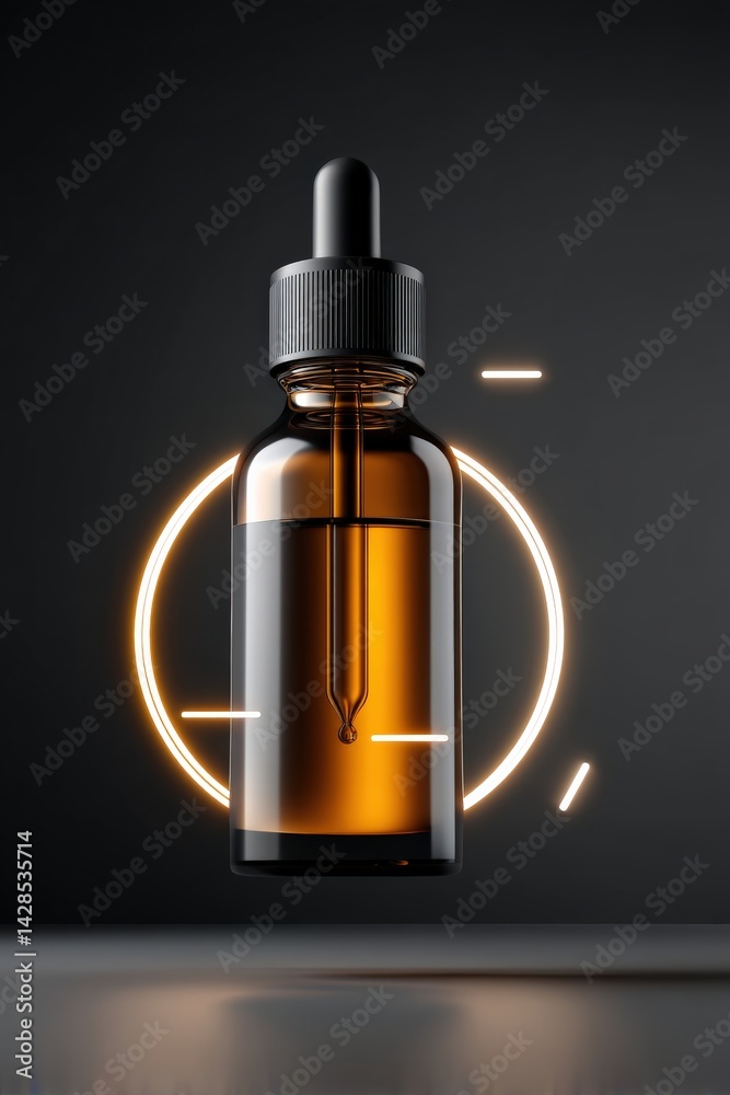 Elegant Glass Dropper Bottle with Amber Liquid and Light Effects