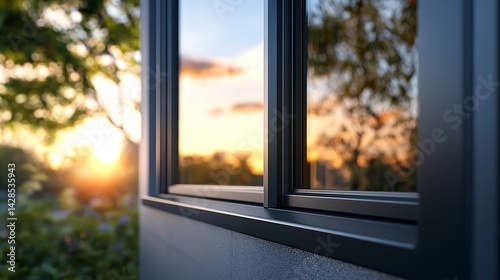 Exterior modern window frame against a sunset backdrop.
