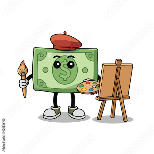 Cartoon money character painting on blank canvas with brush and palette in creative art activity vector illustration 