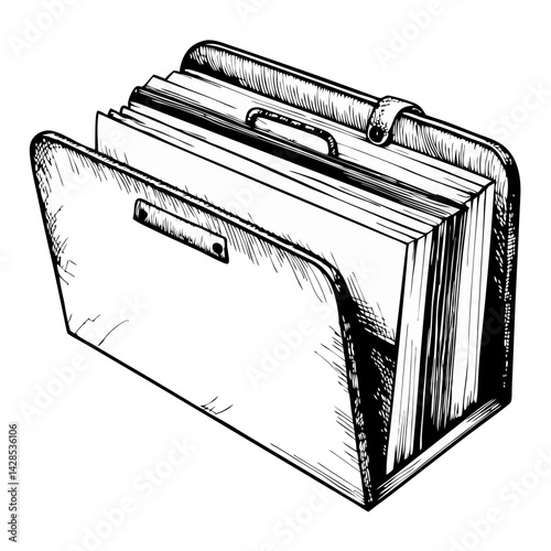 Hand-drawn file folder with documents in black and white style  