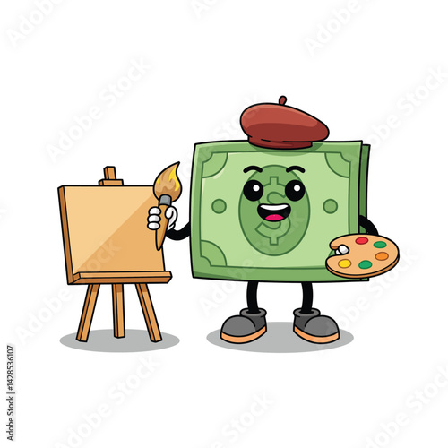 Cartoon money bill character painting on canvas with brush and palette artistic vector illustration 