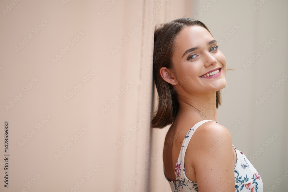 Smiling woman looking back over shoulder, copy space