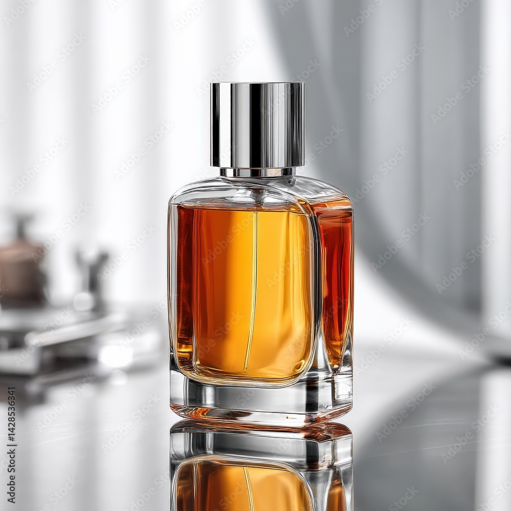 Elegant Glass Perfume Bottle with Warm Amber Liquid Reflection