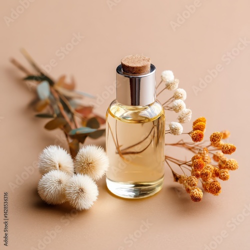 Obraz na płótnie Elegant Glass Perfume Bottle with Natural Floral Elements Accents w salonie