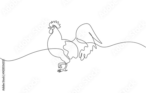 Hen in continuous line art drawing style. Chicken minimalist black linear design, Continuous one line drawing of Cute chicken. Silhouette of chickens on a white background in a minimalist style.