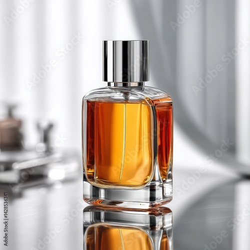 Obraz na płótnie Elegant Glass Perfume Bottle with Warm Amber Liquid Reflection w salonie