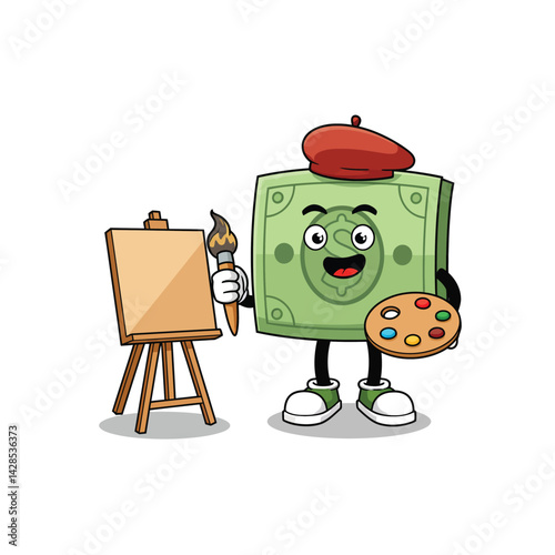 Cartoon money bill character painting on blank canvas with palette and brush cheerful illustration 