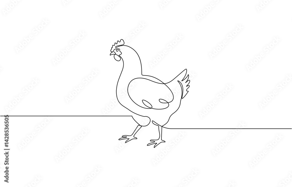 Obraz premium Hen in continuous line art drawing style. Chicken minimalist black linear design, Continuous one line drawing of Cute chicken. Silhouette of chickens on a white background in a minimalist style.