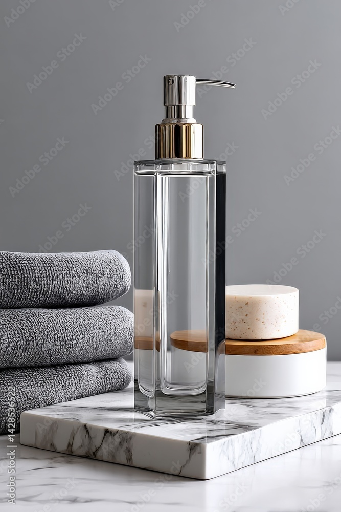 Elegant Glass Soap Dispenser on Marble Surface with Towels and Accessories