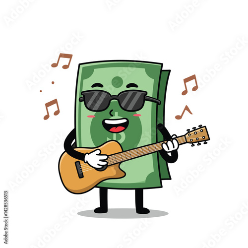 Cartoon money bill character playing guitar with sunglasses and musical notes vector illustration 