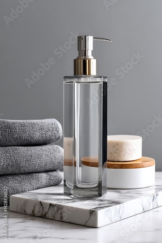 Obraz na płótnie Elegant Glass Soap Dispenser on Marble Surface with Towels and Accessories w salonie