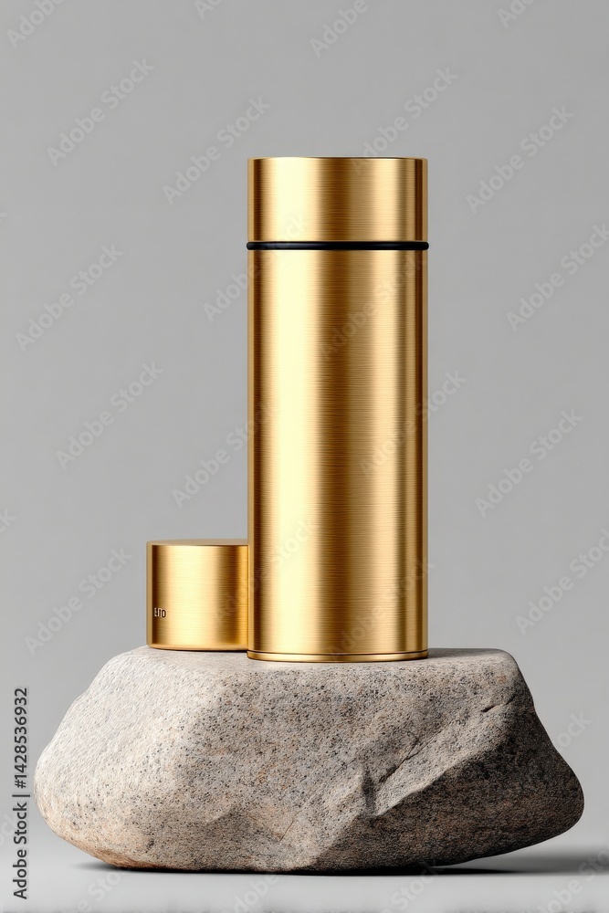 Elegant Gold Thermos on a Natural Stone Base for Modern Aesthetic