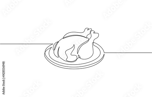 Fried chicken in one line style, Roasted chicken or turkey in one continuous line drawing. Thanksgiving dinner in simple linear style. Fall harvest in editable stroke.