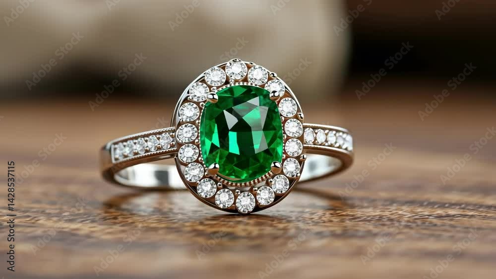 Close-up of a sparkling diamond & emerald ring on a wooden surface.