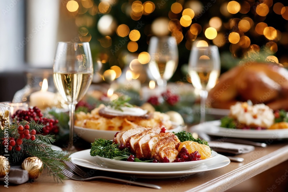 Elegant Holiday Dinner Table Setting with Festive Decor and Cuisine