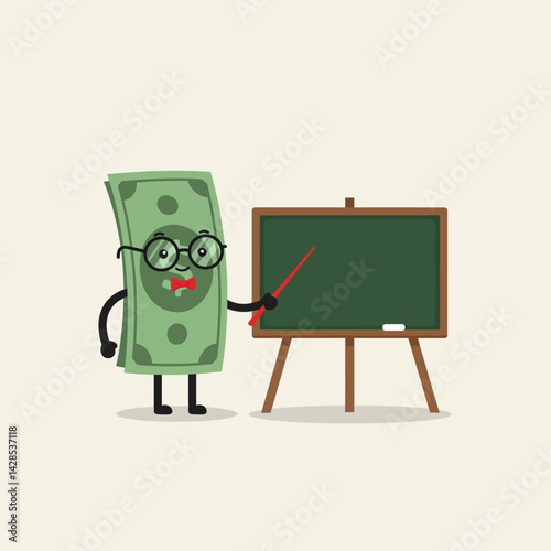 Money character teaching with pointer and chalkboard in classroom education concept vector illustration 