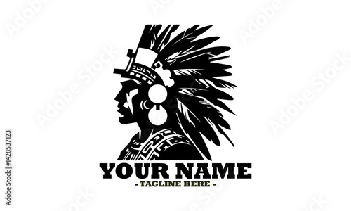 Native American chief adorned with an intricate feathered headdress featuring traditional patterns. Indian chief mascot head graphic vector and apache warrior face indian ethnic logo