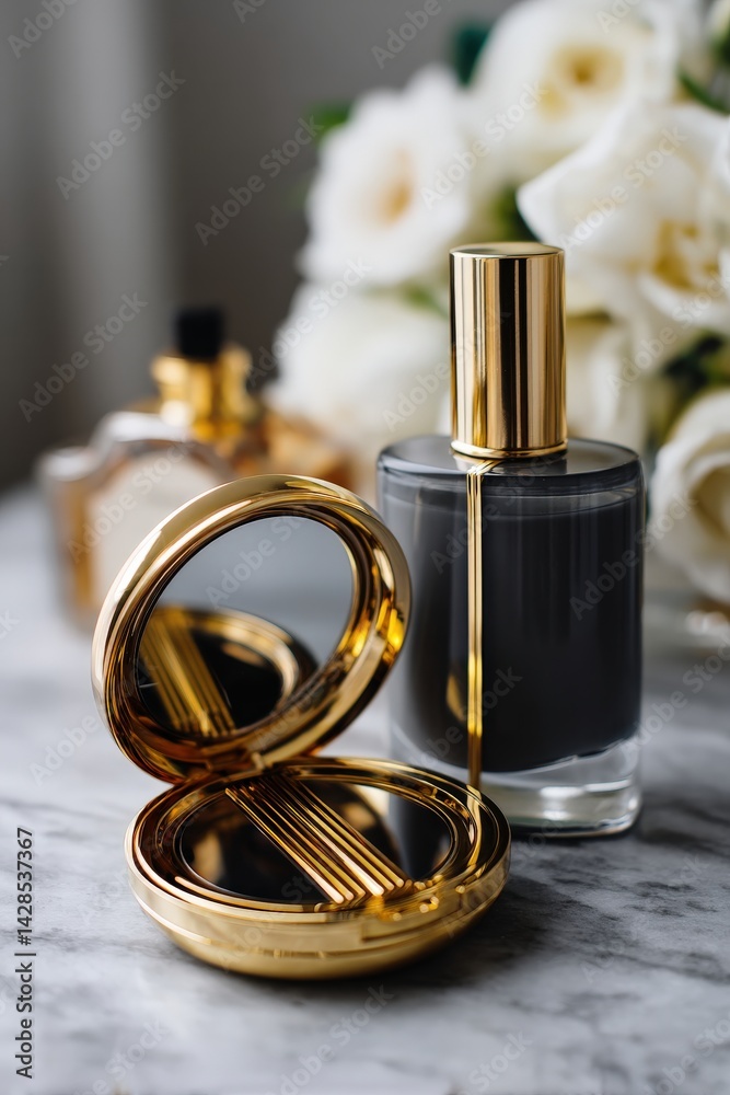 Elegant Makeup Accessories with Floral Background and Reflective Surface