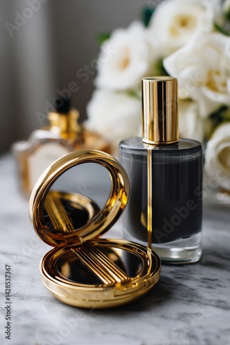 Elegant Makeup Accessories with Floral Background and Reflective Surface