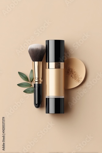 Elegant Makeup Brush and Foundation Stick on Minimalist Background