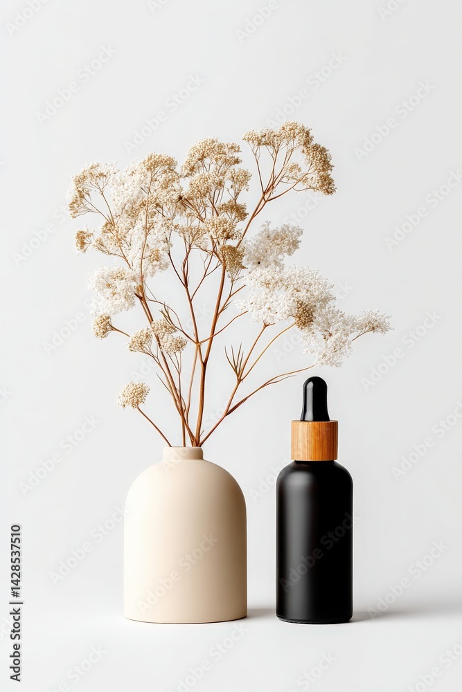 Elegant Minimalist Vase with Dried Flowers and Dark Bottle