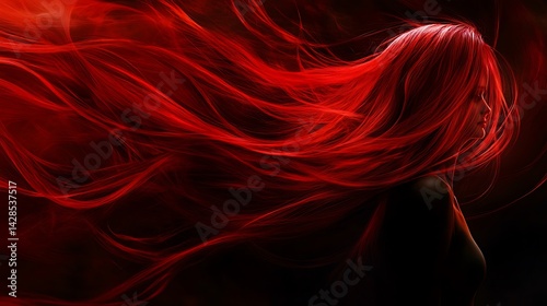 Crimson Cascade: A fiery portrait of a woman with flowing red hair photo