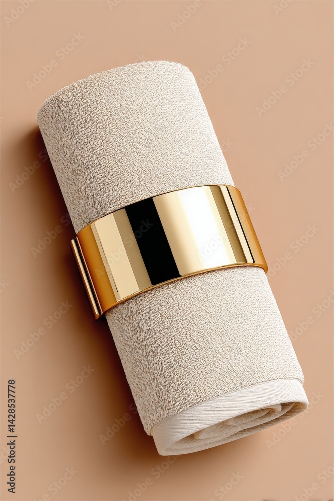 Elegant Neutral Towel Rolled with Gold Accents on Soft Background
