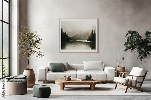 Stylish modern living room with a tufted sofa, navy blue cushions, decorative ottomans, and abstract artwork on the wall in a contemporary interior design setting