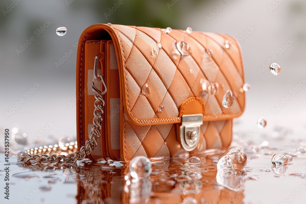 Elegant Orange Handbag with Water Drops on Reflective Surface