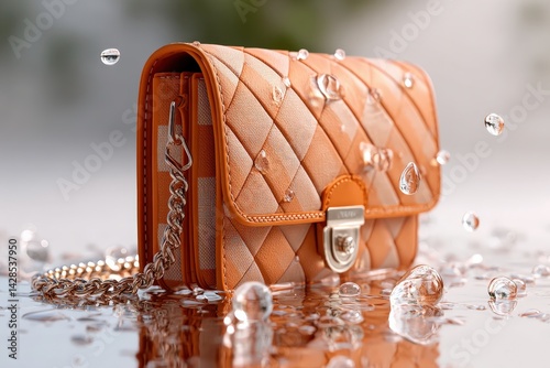 Obraz na płótnie Elegant Orange Handbag with Water Drops on Reflective Surface w salonie